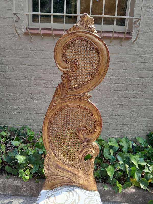 A 20th Century Rare Pair of Baroque Style Carved and Hand Gilded Throne Chairs Upholstered in a C...