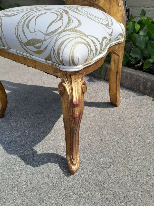A 20th Century Rare Pair of Baroque Style Carved and Hand Gilded Throne Chairs Upholstered in a C...