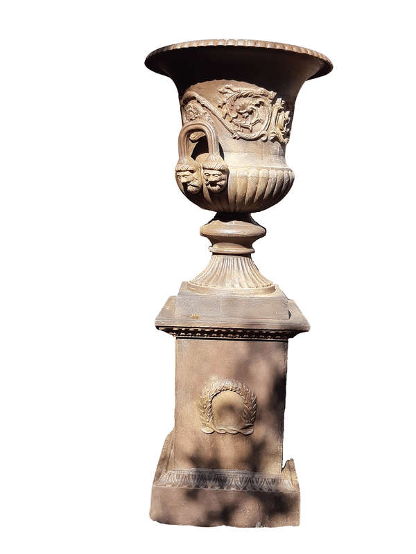A 20th Century Large  French Cast Iron Urn on Plinth Base