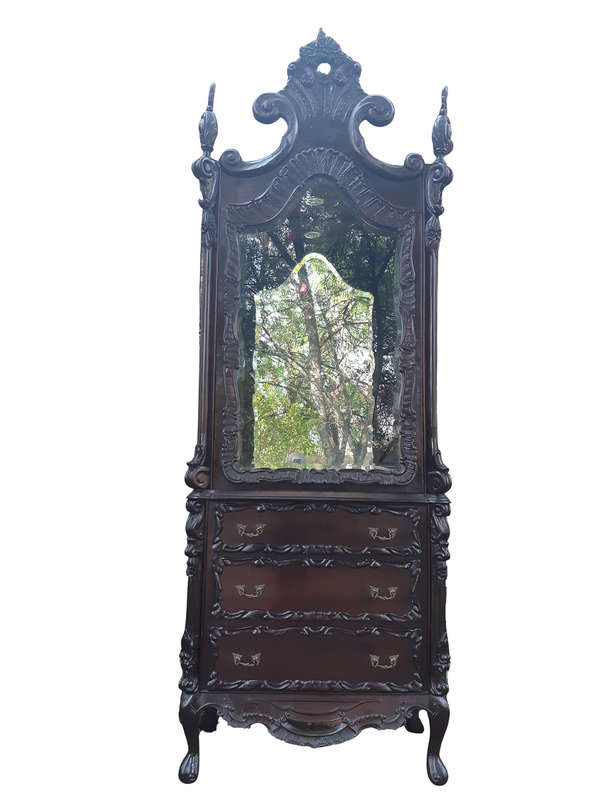 Spanish Walnut Ornately Carved Display Cabinet