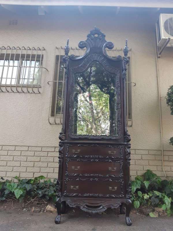 Spanish Walnut Ornately Carved Display Cabinet