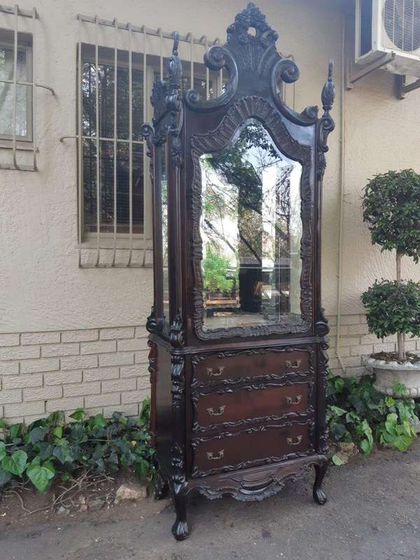 Spanish Walnut Ornately Carved Display Cabinet