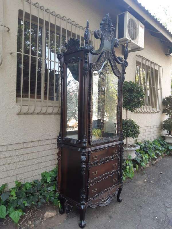 Spanish Walnut Ornately Carved Display Cabinet