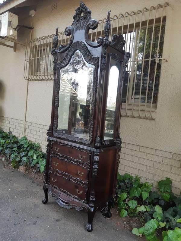 Spanish Walnut Ornately Carved Display Cabinet