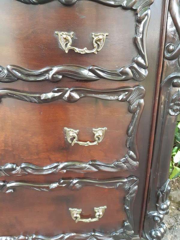 Spanish Walnut Ornately Carved Display Cabinet