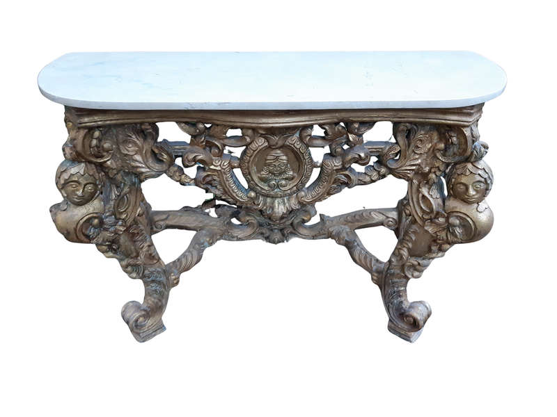 Ornate and Carved Hand-Gilded Console Table with Marble Top