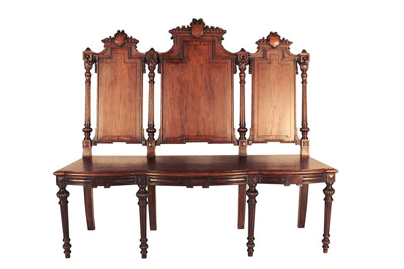 French 19th Century oak carved 3-seater bench, 129cm high, 135cm wide