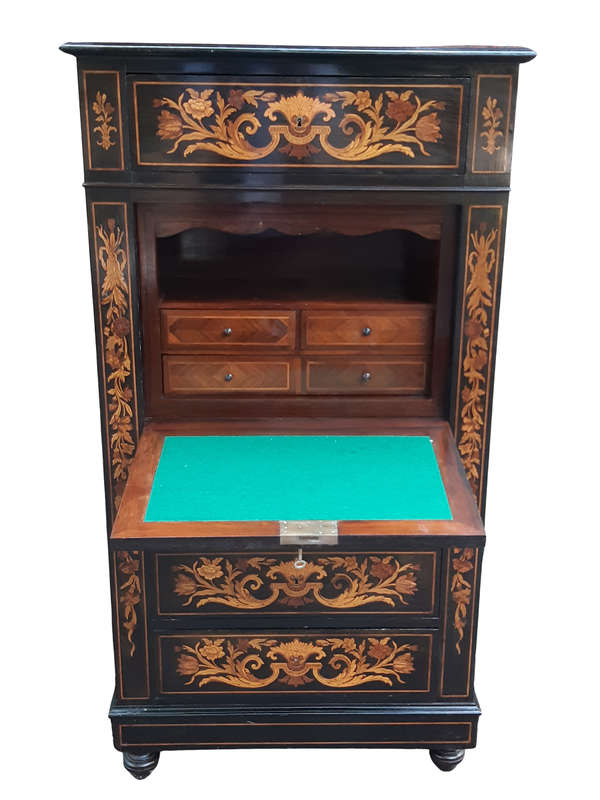 A Late 19th Century Dutch Marquetry And Ebonised Secrétaire À Abbatant, Enclosing A Baize-Lined...