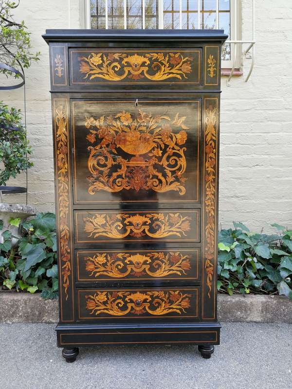 A Late 19th Century Dutch Marquetry And Ebonised Secrétaire À Abbatant, Enclosing A Baize-Lined...
