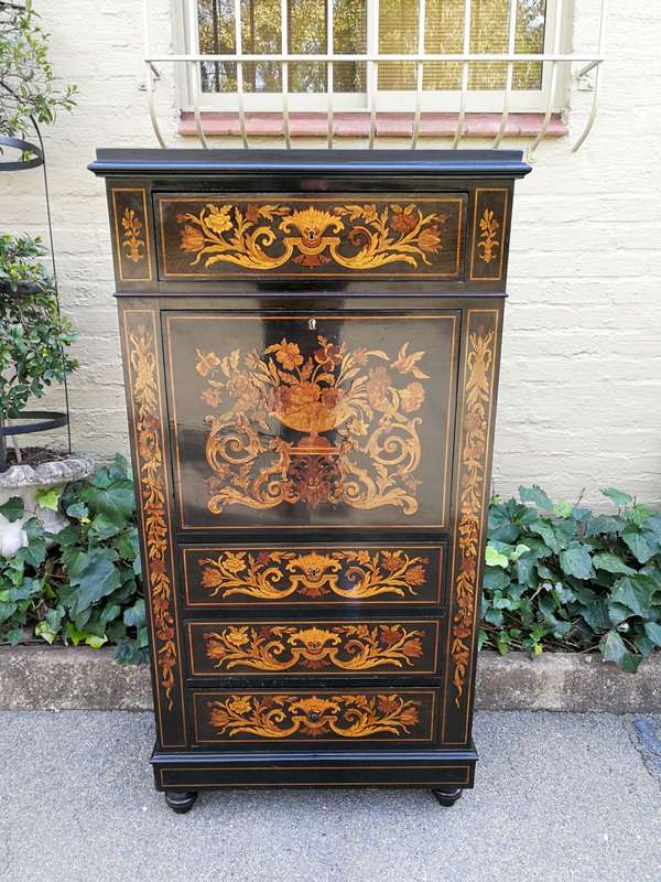 A Late 19th Century Dutch Marquetry And Ebonised Secrétaire À Abbatant, Enclosing A Baize-Lined...