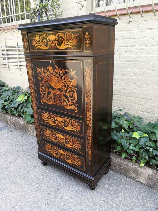 A Late 19th Century Dutch Marquetry And Ebonised Secrétaire À Abbatant, Enclosing A Baize-Lined...