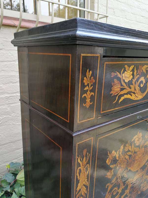 A Late 19th Century Dutch Marquetry And Ebonised Secrétaire À Abbatant, Enclosing A Baize-Lined...
