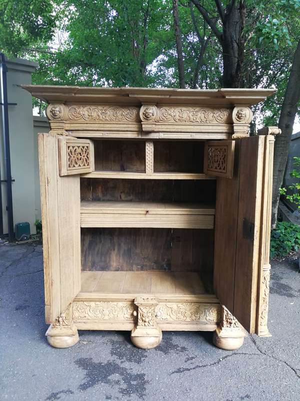 An 18th Century Continental Bleached / Natural Oak Cupboard The Interior Fitted With An Array Of ...