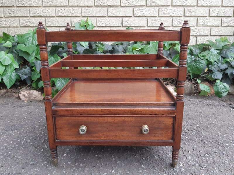 A Circa 1820 Regency Mahogany Canterbury With Drawers and Brass Casters