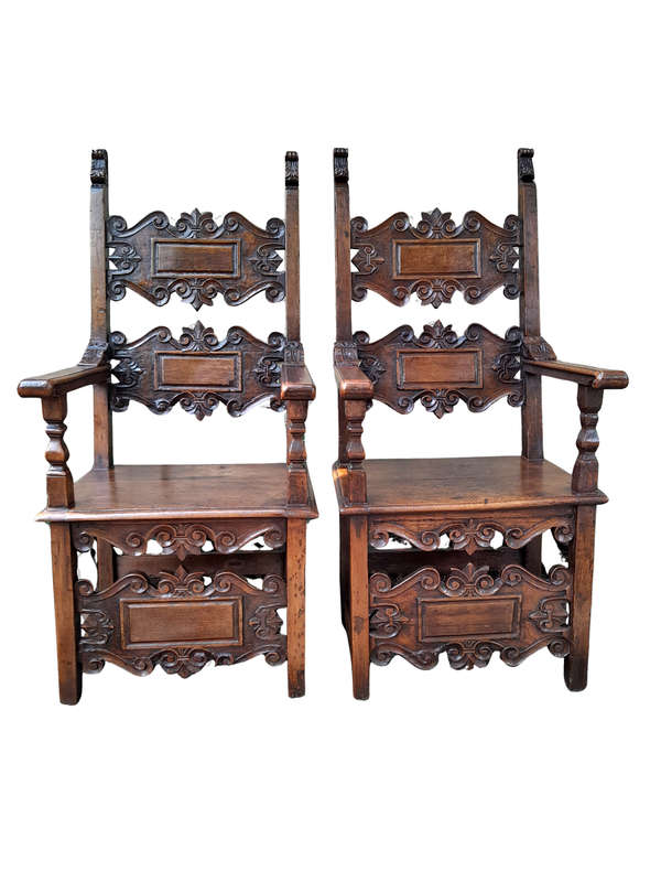 A Pair of Antique 18th / 19th Century Walnut Ornately Carved King / Throne