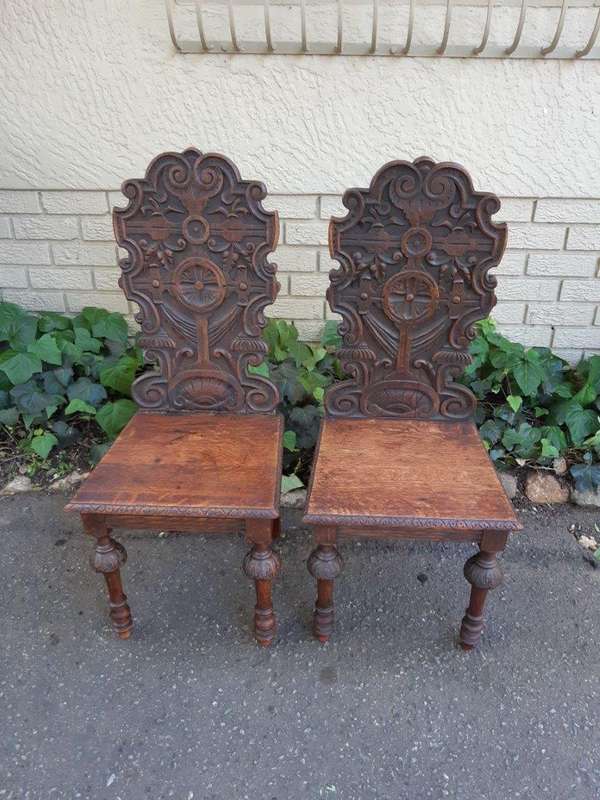 Pair Of "Gothic Revival" Carved Oak Hall Chairs