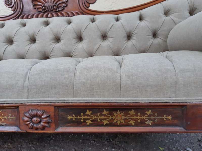 Victorian Rosewood Settee English Linen Deep Buttoned