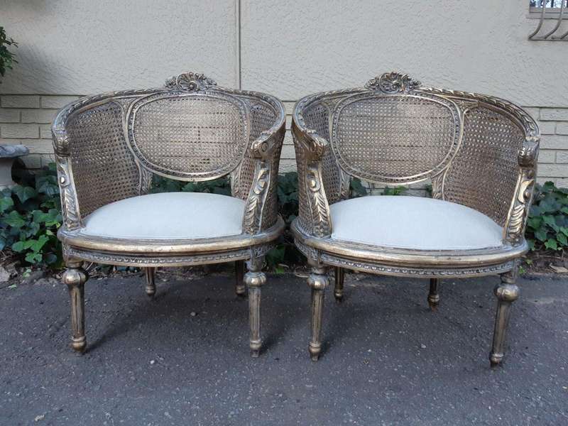 A Pair Of Gilded Rattan Arm/Bergere Style Chairs