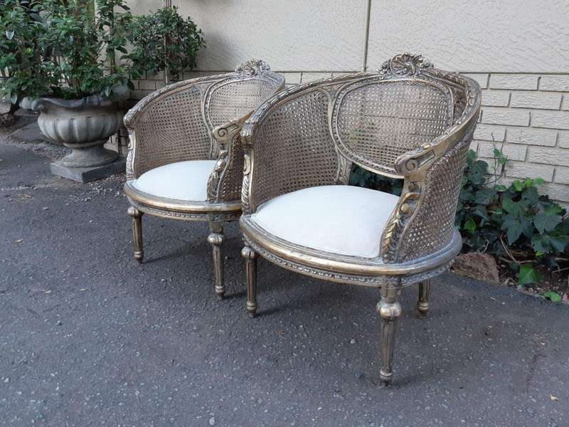 A Pair Of Gilded Rattan Arm/Bergere Style Chairs