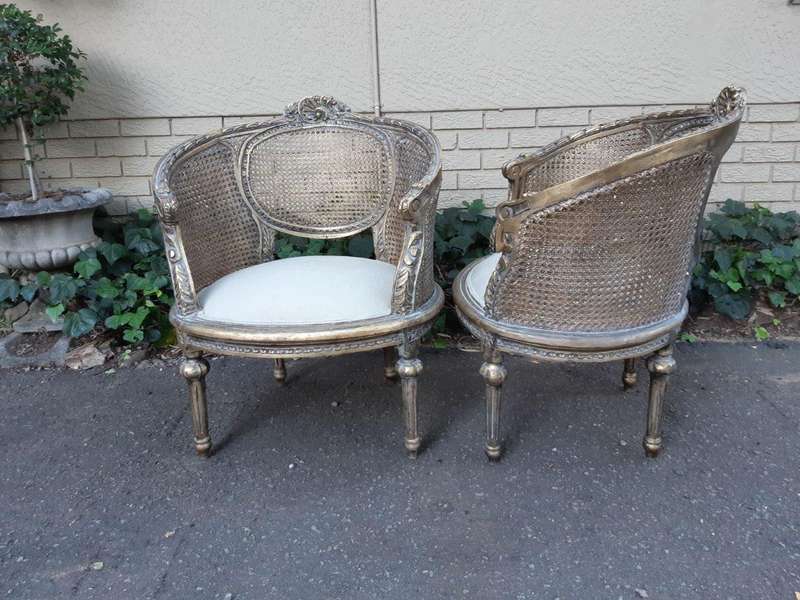 A Pair Of Gilded Rattan Arm/Bergere Style Chairs