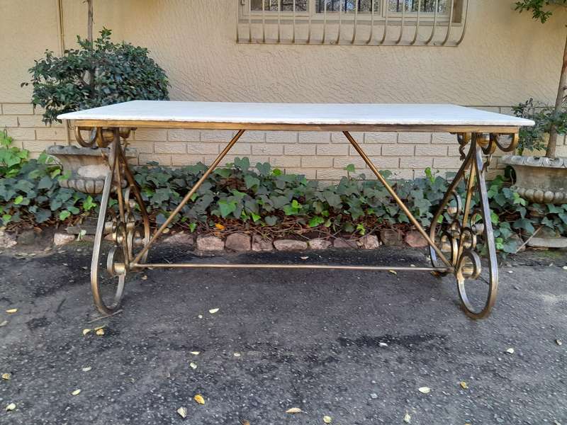 Ornate Wrought Iron Console Table With Marble Top
