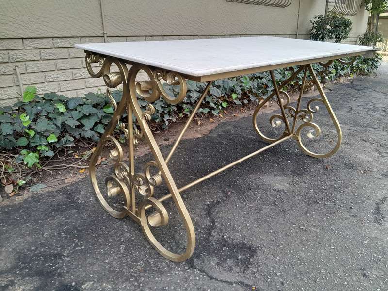 Ornate Wrought Iron Console Table With Marble Top