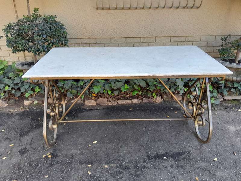 Ornate Wrought Iron Console Table With Marble Top