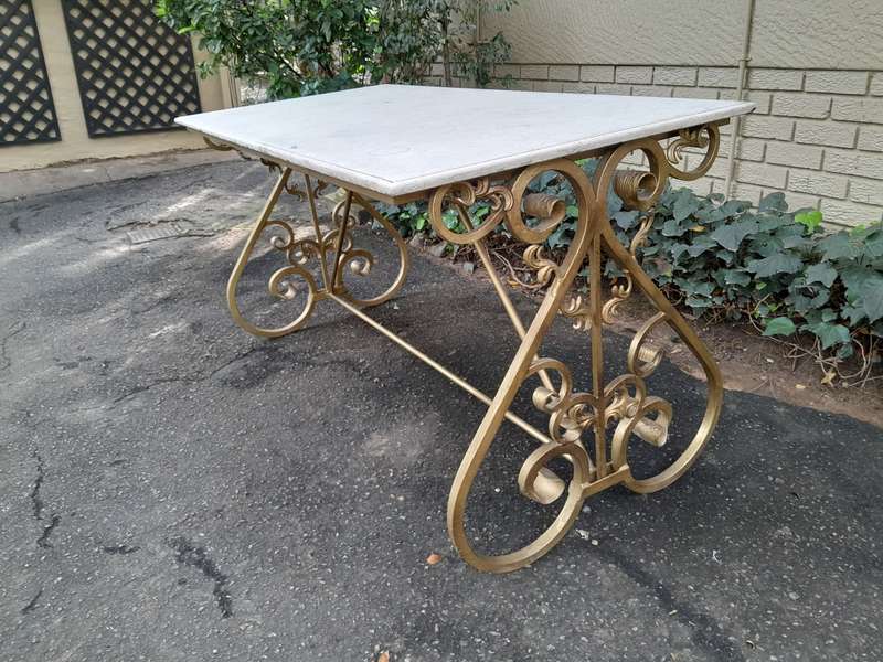 Ornate Wrought Iron Console Table With Marble Top