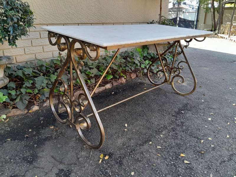Ornate Wrought Iron Console Table With Marble Top