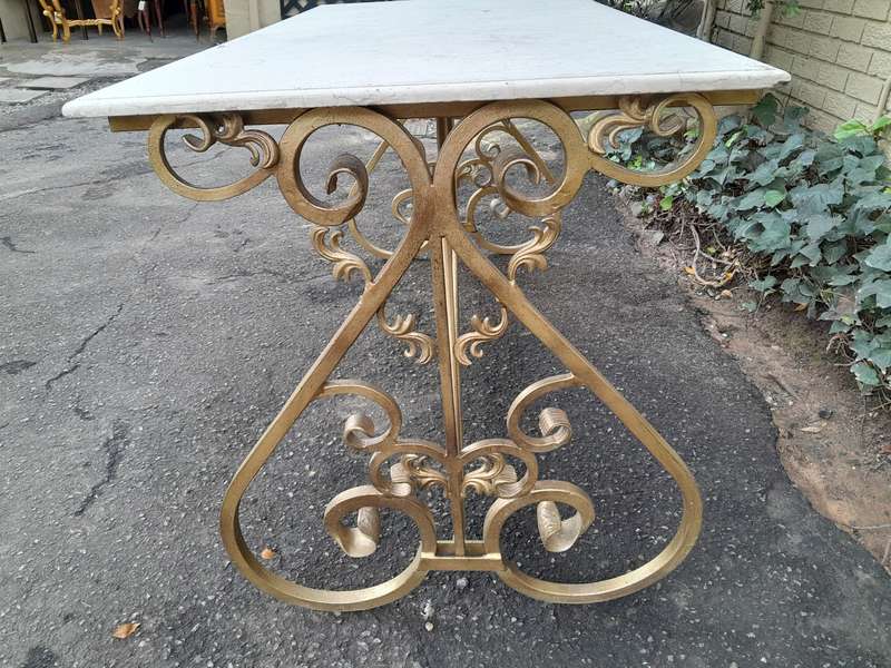 Ornate Wrought Iron Console Table With Marble Top