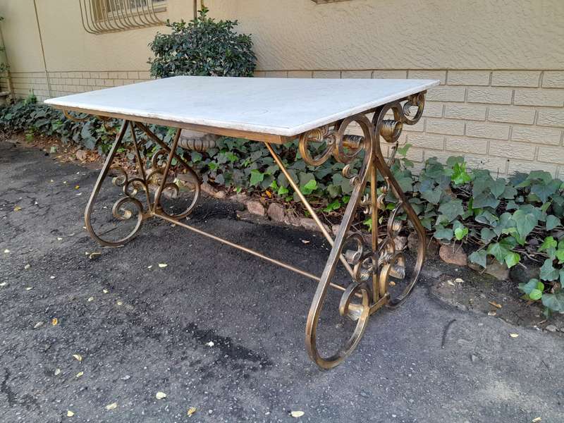 Ornate Wrought Iron Console Table With Marble Top
