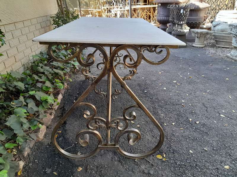 Ornate Wrought Iron Console Table With Marble Top