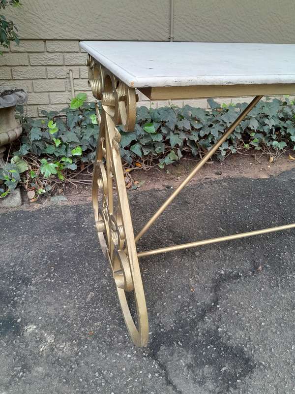 Ornate Wrought Iron Console Table With Marble Top