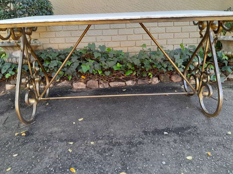 Ornate Wrought Iron Console Table With Marble Top