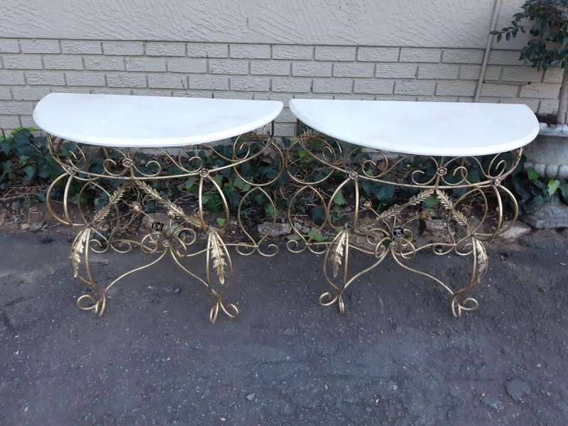 Pair Bespoke Wrought Iron Console /Drinks/ Server/Entrance Table With Marble Top - ND