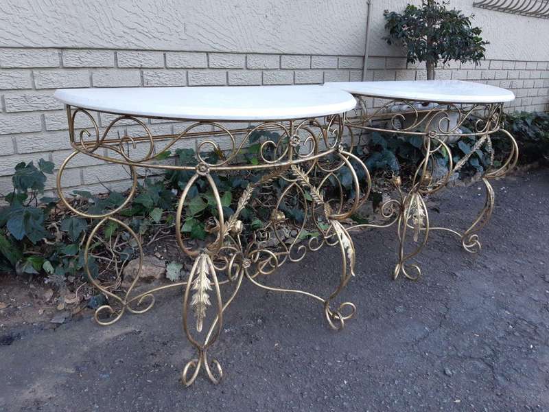 Pair Bespoke Wrought Iron Console /Drinks/ Server/Entrance Table With Marble Top - ND