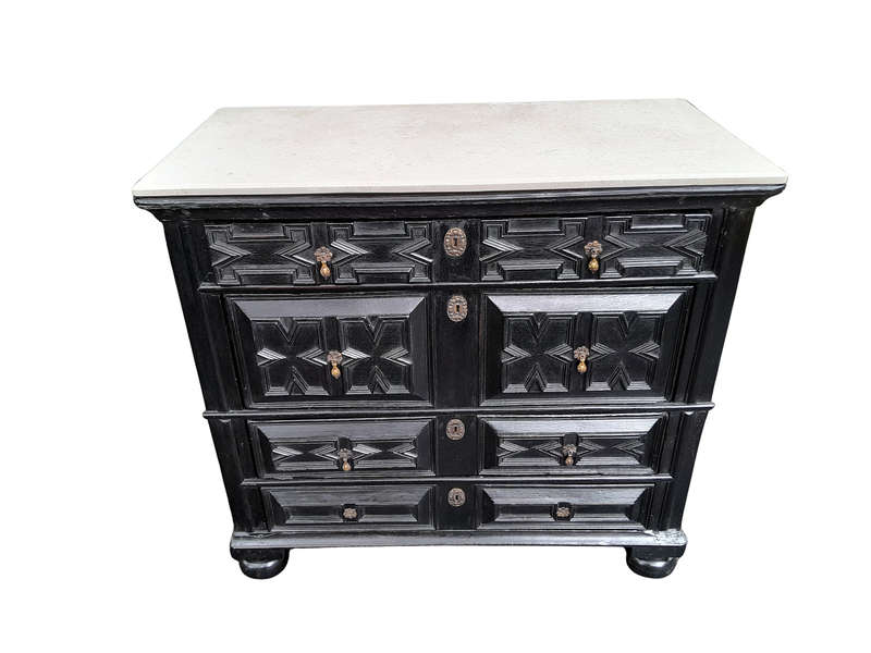 An Antique Early 18th Century Oak Chest of Drawers with Original Hardware in a Contemporary Finis...