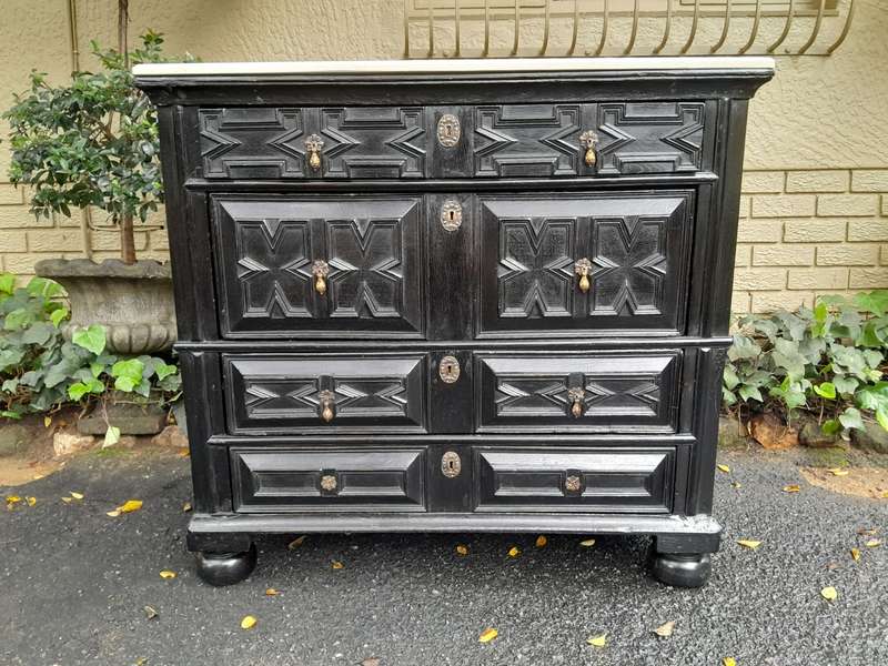 An Antique Early 18th Century Oak Chest of Drawers with Original Hardware in a Contemporary Finis...