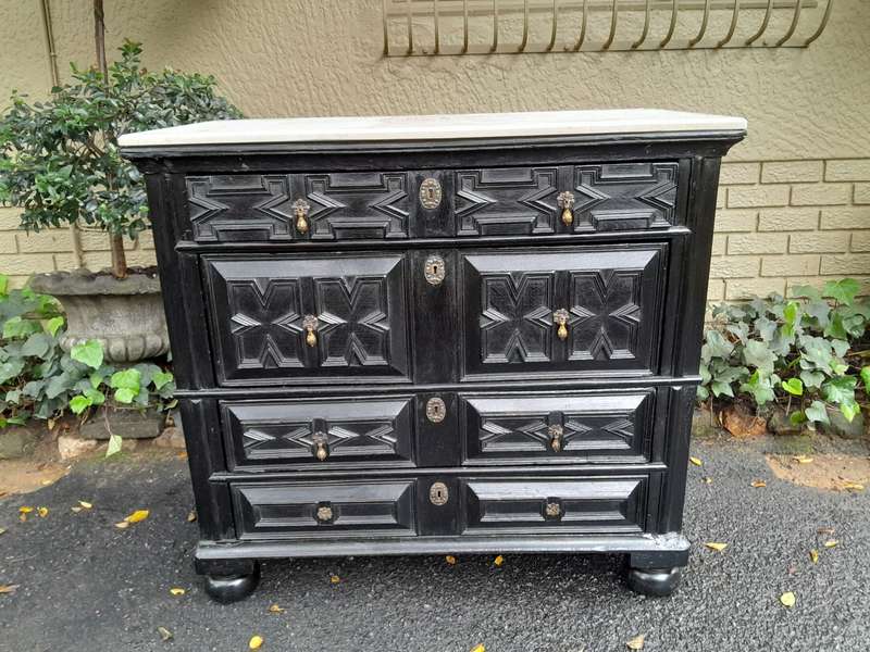 An Antique Early 18th Century Oak Chest of Drawers with Original Hardware in a Contemporary Finis...
