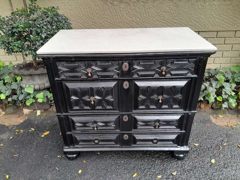 An Antique Early 18th Century Oak Chest of Drawers with Original Hardware in a Contemporary Finis...