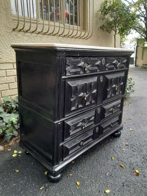 An Antique Early 18th Century Oak Chest of Drawers with Original Hardware in a Contemporary Finis...