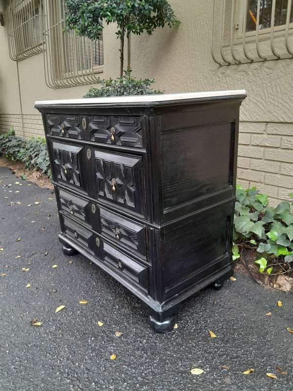An Antique Early 18th Century Oak Chest of Drawers with Original Hardware in a Contemporary Finis...