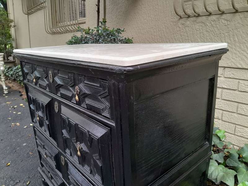 An Antique Early 18th Century Oak Chest of Drawers with Original Hardware in a Contemporary Finis...