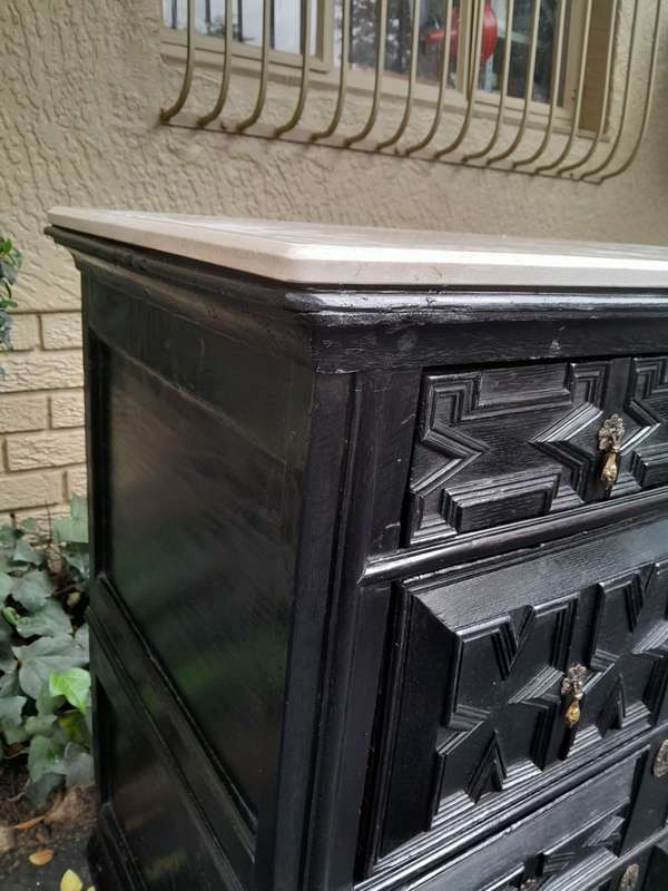 An Antique Early 18th Century Oak Chest of Drawers with Original Hardware in a Contemporary Finis...