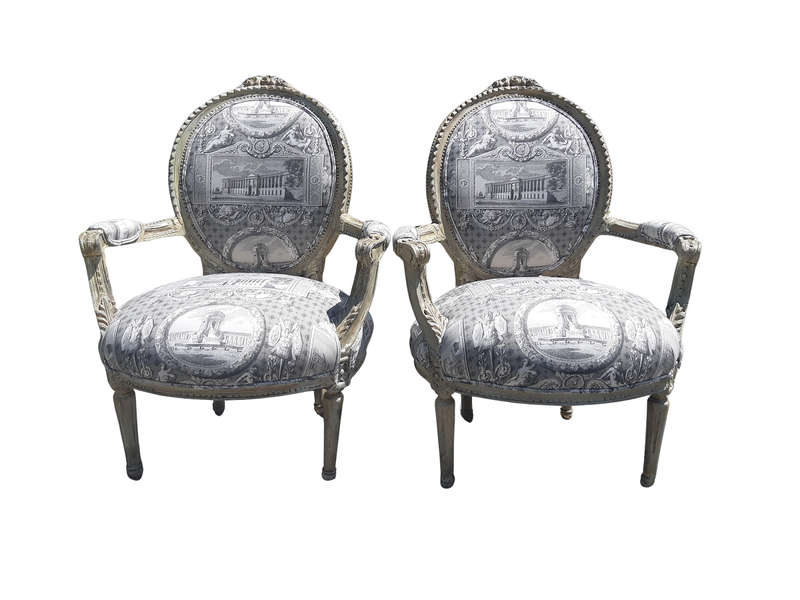 Pair of French Style Carved Armchairs, Light Natural Colour in (upholstered Imported Linen and Co...