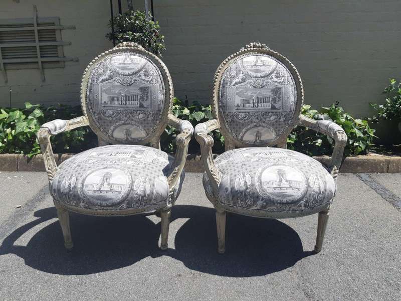 Pair of French Style Carved Armchairs, Light Natural Colour in (upholstered Imported Linen and Co...