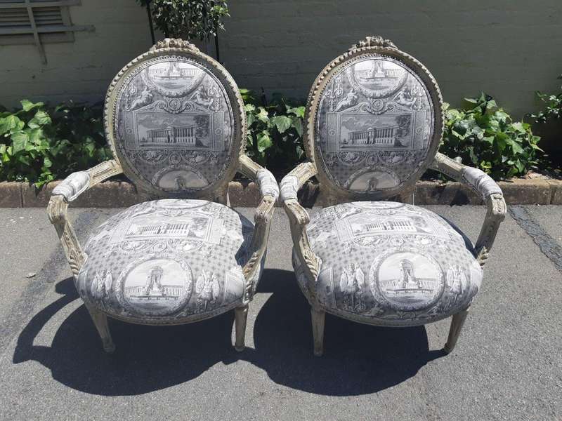Pair of French Style Carved Armchairs, Light Natural Colour in (upholstered Imported Linen and Co...