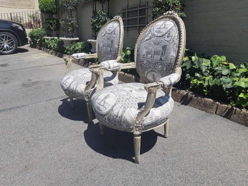Pair of French Style Carved Armchairs, Light Natural Colour in (upholstered Imported Linen and Co...