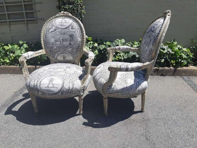 Pair of French Style Carved Armchairs, Light Natural Colour in (upholstered Imported Linen and Co...