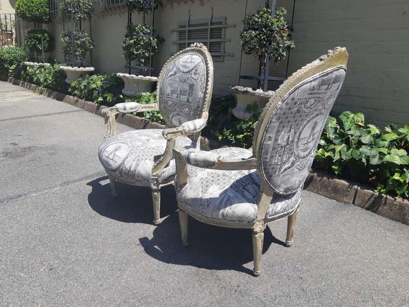 Pair of French Style Carved Armchairs, Light Natural Colour in (upholstered Imported Linen and Co...